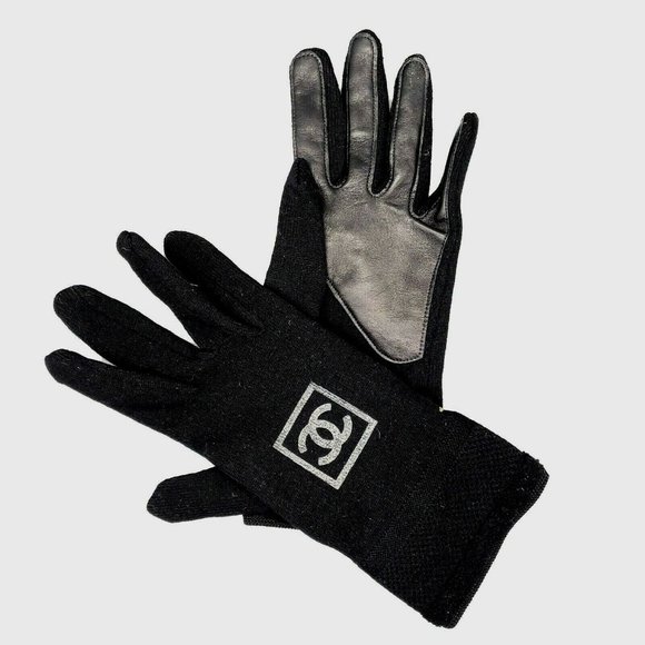 CHANEL - Knit Wool Lambskin Black Leather - Sport Gloves - CC Logo - Size M - Picture 1 of 12
